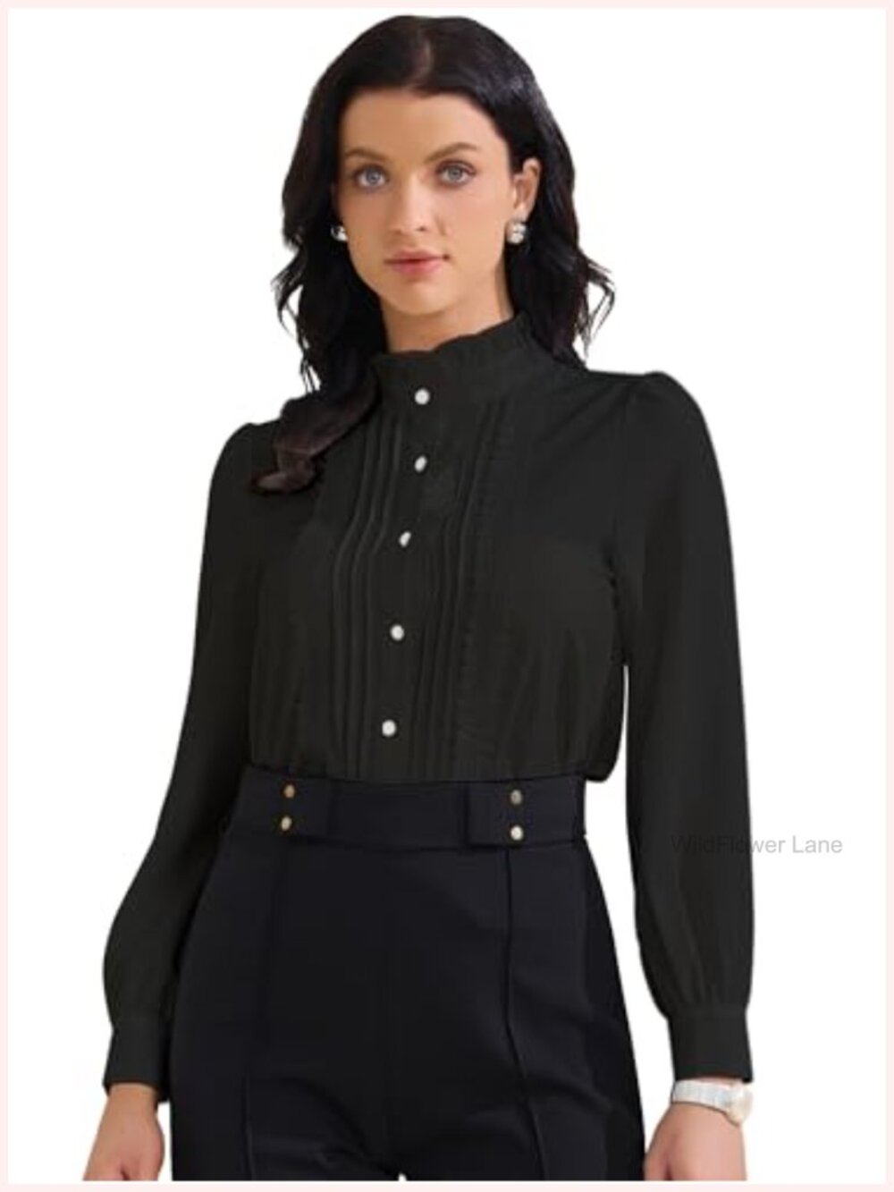 Women's Lace Patchwork Ruffled Button Down Blouse Puff Sleeve Office Top